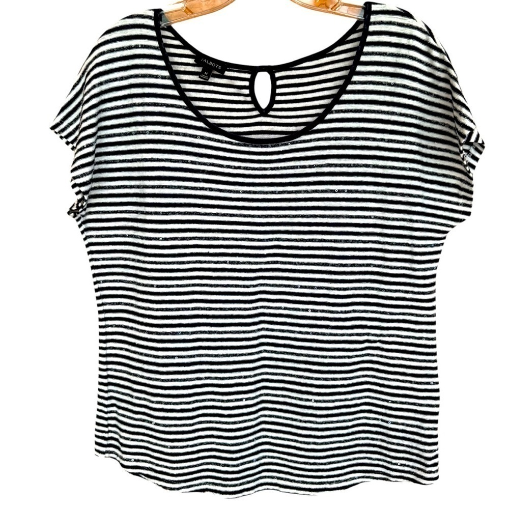 Talbots Navy and White Stripe Sequin Cap Sleeve Tee, Medium